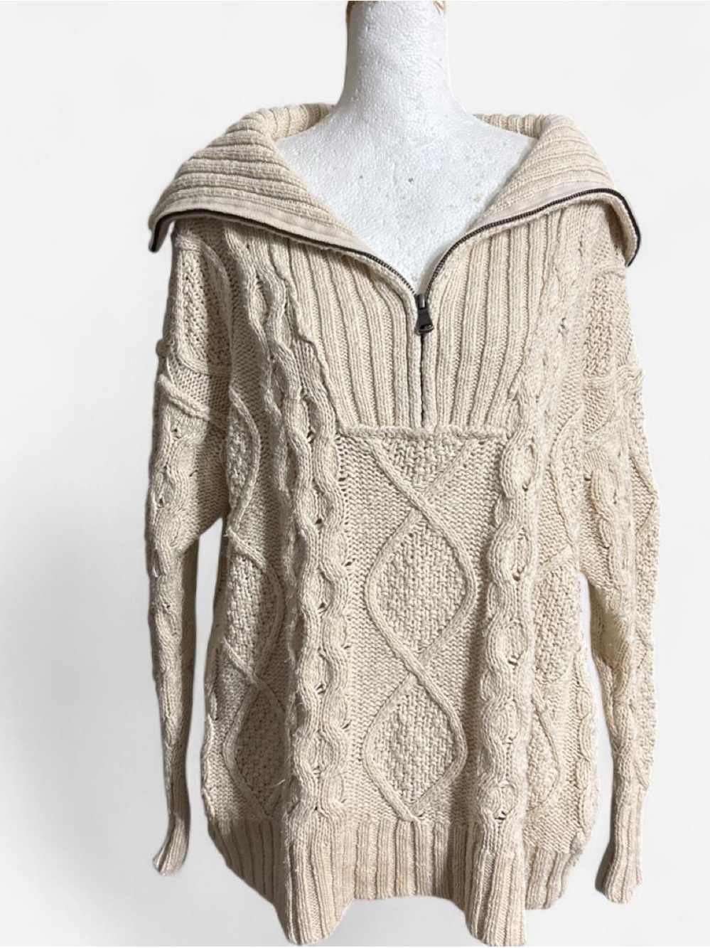 Free People Driftwood Cable-Knit Polo Sweater in Ivory - Oversized